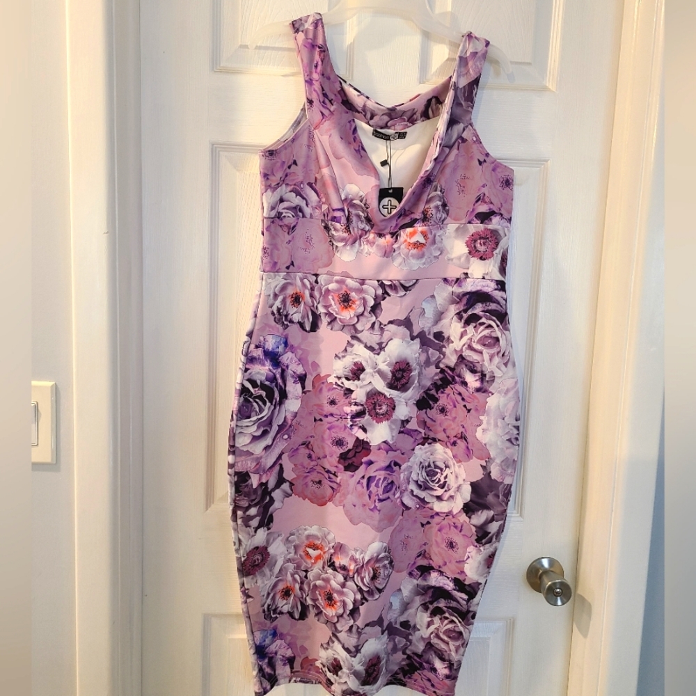 Purple Violet Floral Dress Off Shoulder Woman's Size 14
